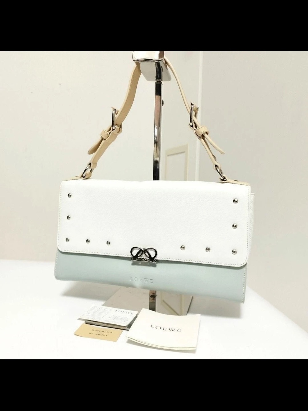 Loewe White and Light Blue Leather Shoulder Bag with Knot Detail